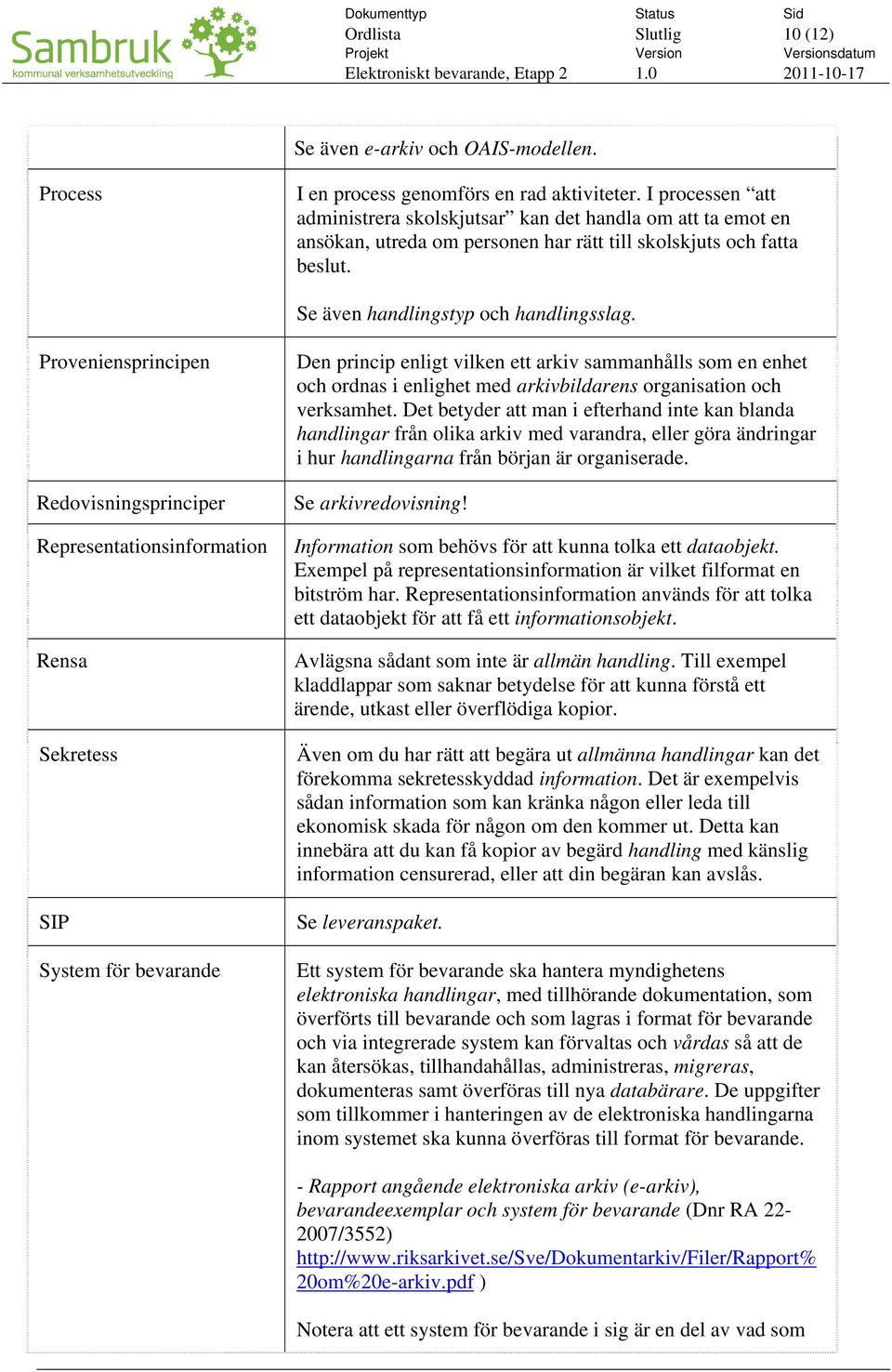 Proveniensprincipen Redovisningsprinciper Representationsinformation Rensa Sekretess SIP System för bevarande Den princip enligt vilken ett arkiv sammanhålls som en enhet och ordnas i enlighet med