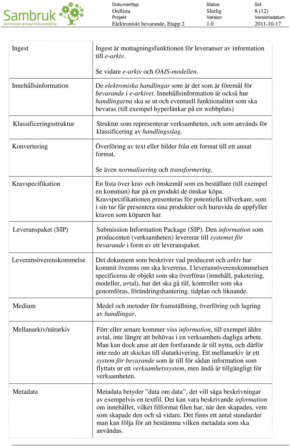 Innehållsinformation är också hur handlingarna ska se ut och eventuell funktionalitet som ska bevaras (till exempel hyperlänkar på en webbplats) Struktur som representerar verksamheten, och som