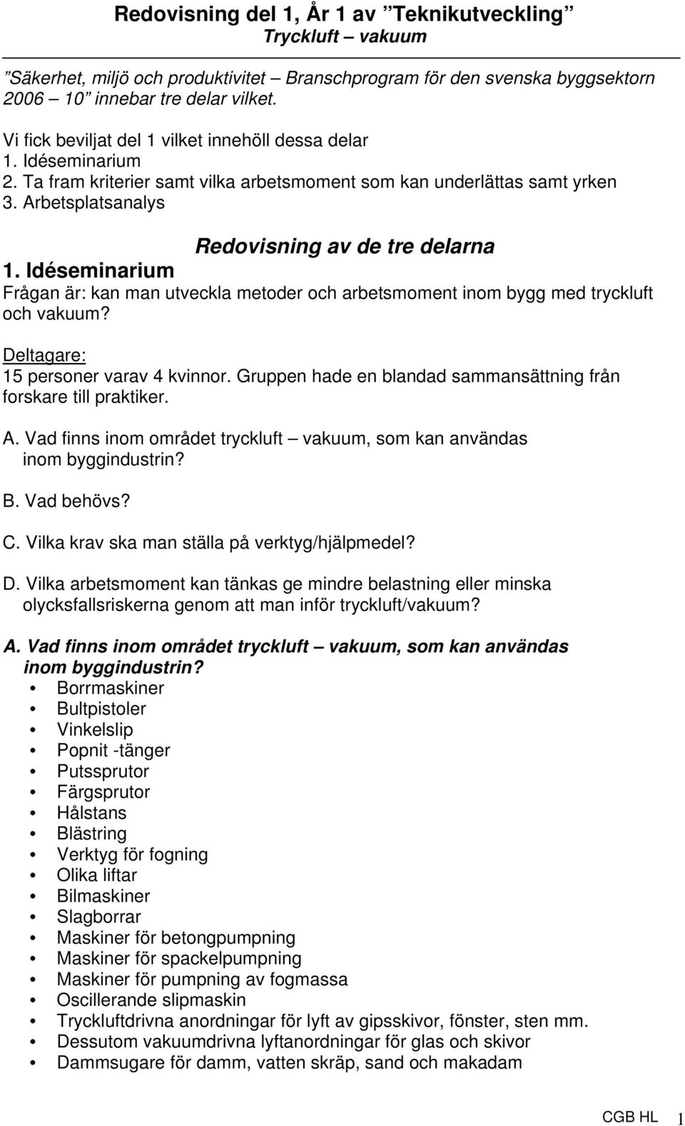 Idéseminarium Frågan är: kan man utveckla metoder och arbetsmoment inom bygg med tryckluft och vakuum? Deltagare: 15 personer varav 4 kvinnor.