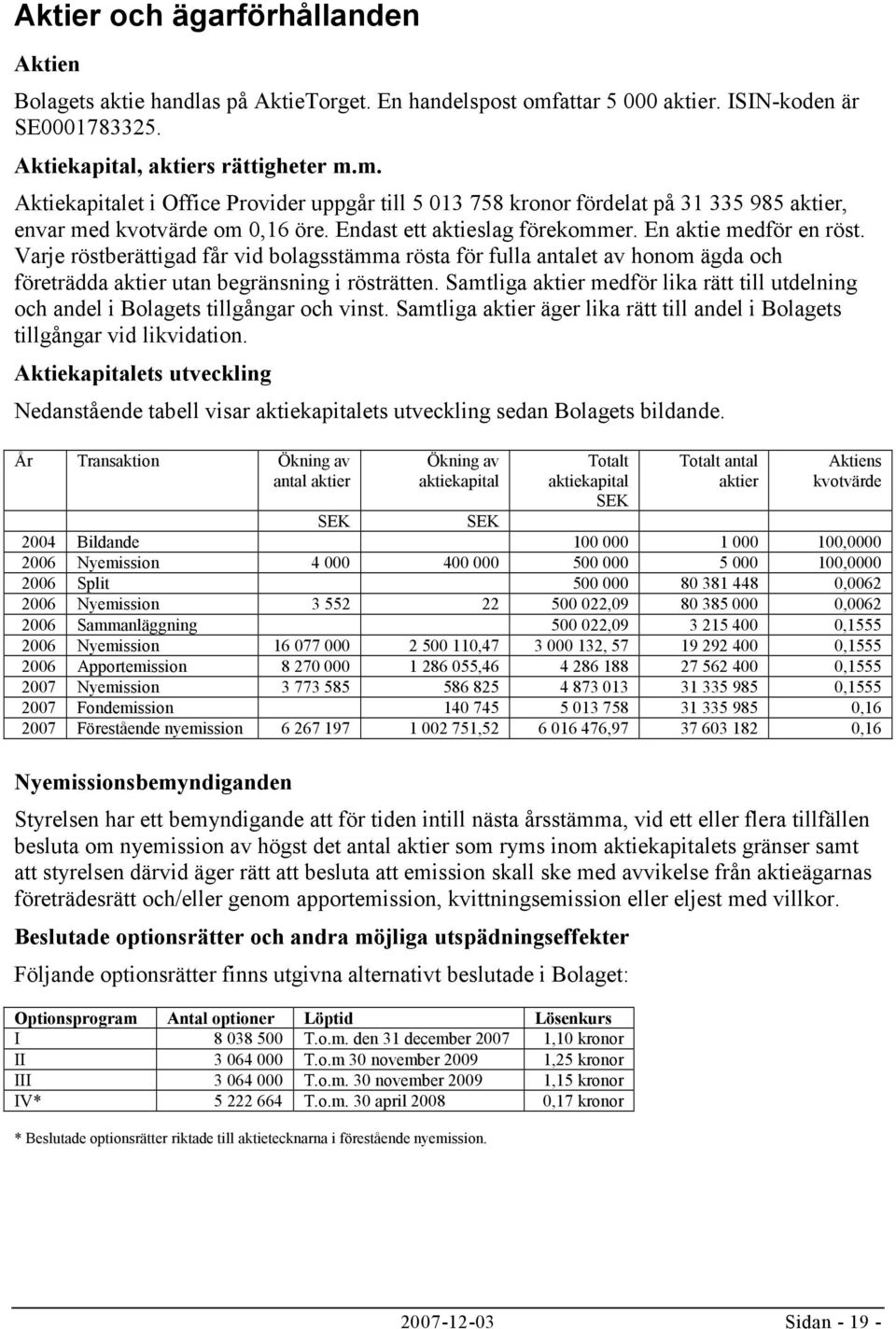 m. Aktiekapitalet i Office Provider uppgår till 5 013 758 kronor fördelat på 31 335 985 aktier, envar med kvotvärde om 0,16 öre. Endast ett aktieslag förekommer. En aktie medför en röst.