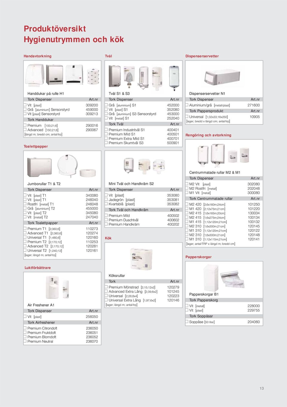 Vit [metall] S1 252040 Tork Tvål Premium Industritvål S1 400401 Premium Mild S1 400501 Premium Extra Mild S1 400701 Premium Skumtvål S3 500901 Dispenserservetter N1 Aluminium/grå [metall/plast]