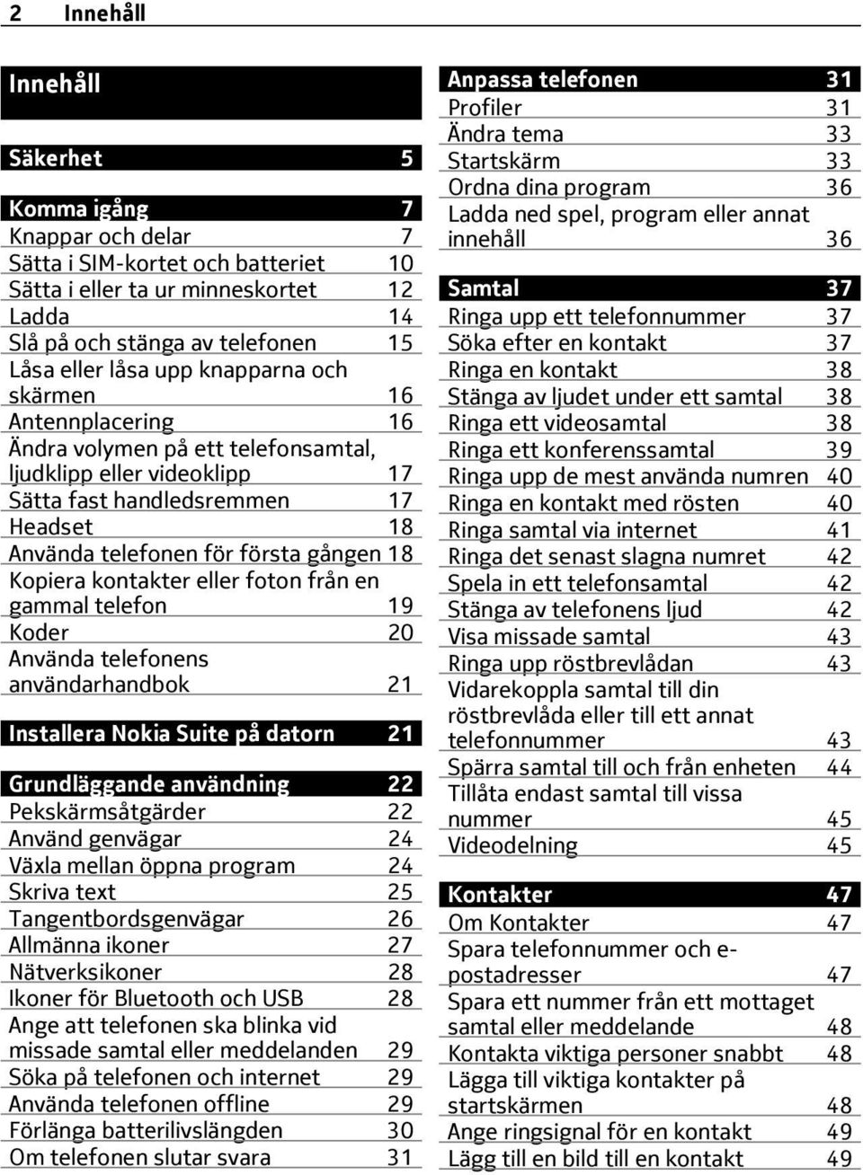 kontakter eller foton från en gammal telefon 19 Koder 20 Använda telefonens användarhandbok 21 Installera Nokia Suite på datorn 21 Grundläggande användning 22 Pekskärmsåtgärder 22 Använd genvägar 24