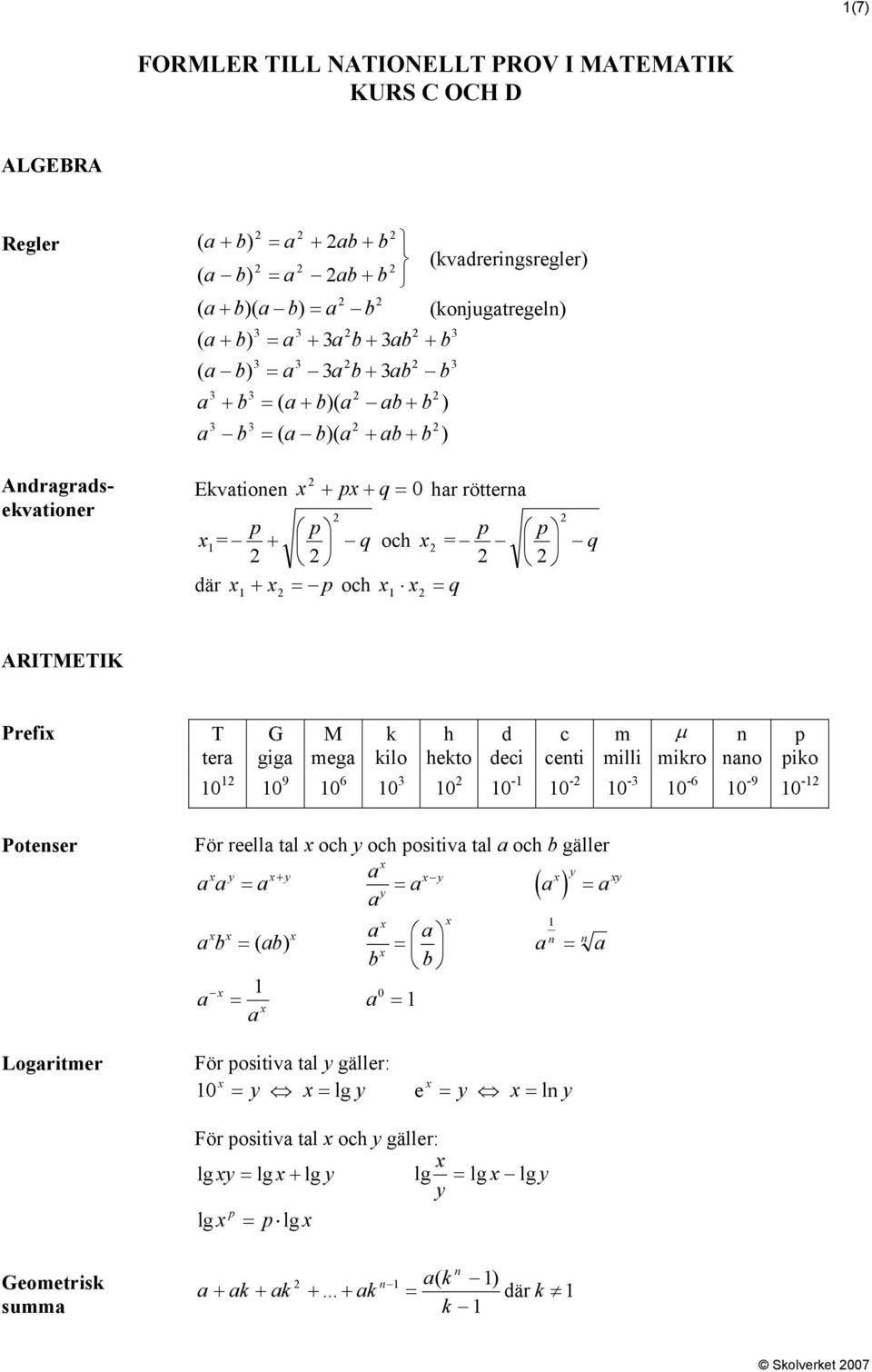 FORMLER TILL NATIONELLT PROV I MATEMATIK KURS C OCH D - PDF Gratis  nedladdning