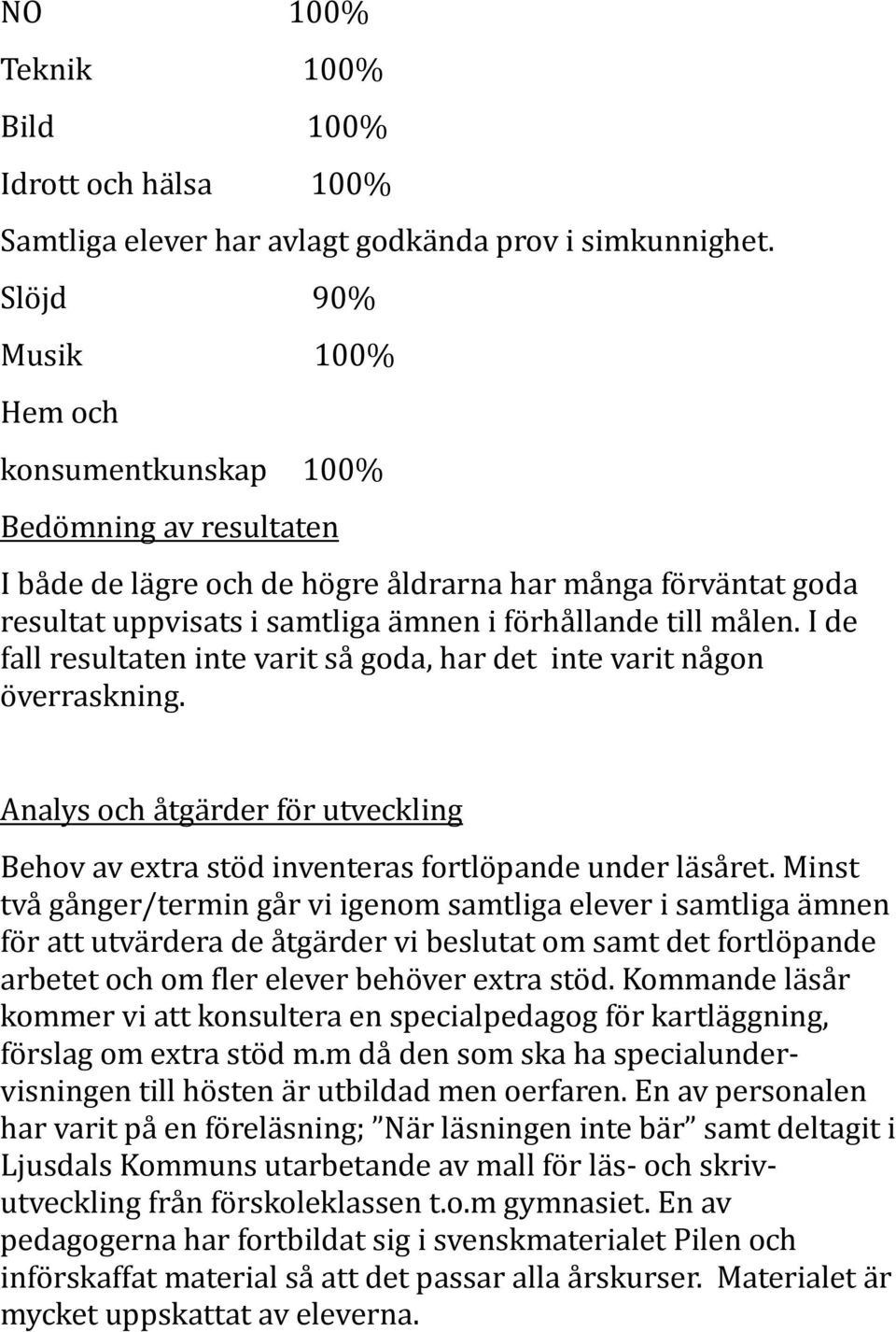 I de fall resultaten inte varit så goda, har det inte varit någon överraskning. Analys och åtgärder för utveckling Behov av extra stöd inventeras fortlöpande under läsåret.