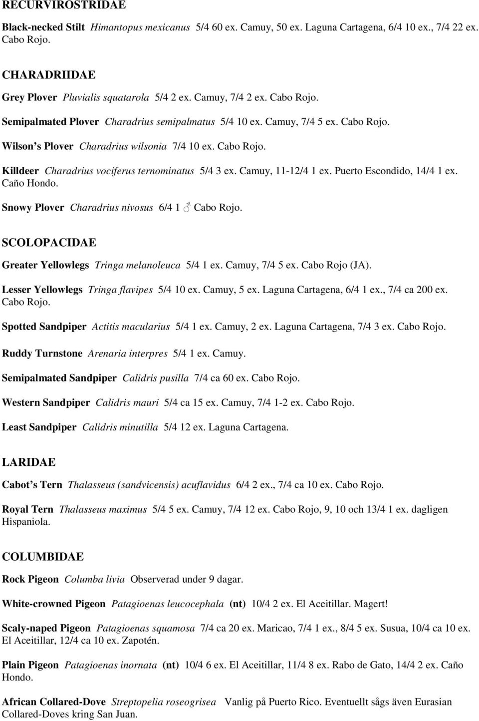 Camuy, 11-12/4 1 ex. Puerto Escondido, 14/4 1 ex. Caño Hondo. Snowy Plover Charadrius nivosus 6/4 1 Cabo Rojo. SCOLOPACIDAE Greater Yellowlegs Tringa melanoleuca 5/4 1 ex. Camuy, 7/4 5 ex.