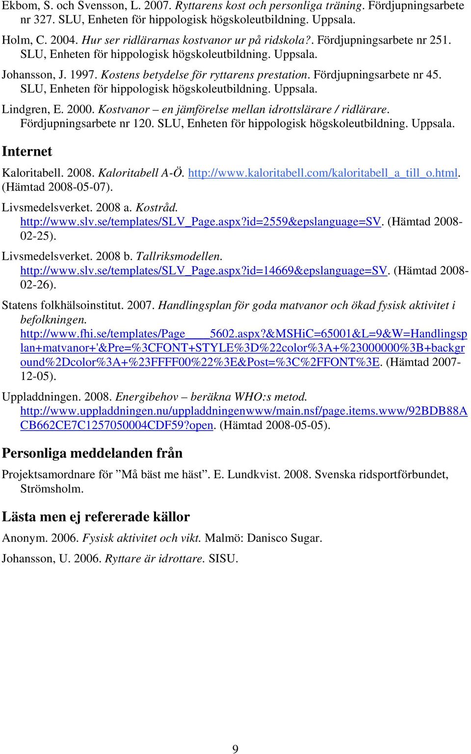 Fördjupningsarbete nr 45. SLU, Enheten för hippologisk högskoleutbildning. Uppsala. Lindgren, E. 2000. Kostvanor en jämförelse mellan idrottslärare / ridlärare. Fördjupningsarbete nr 120.