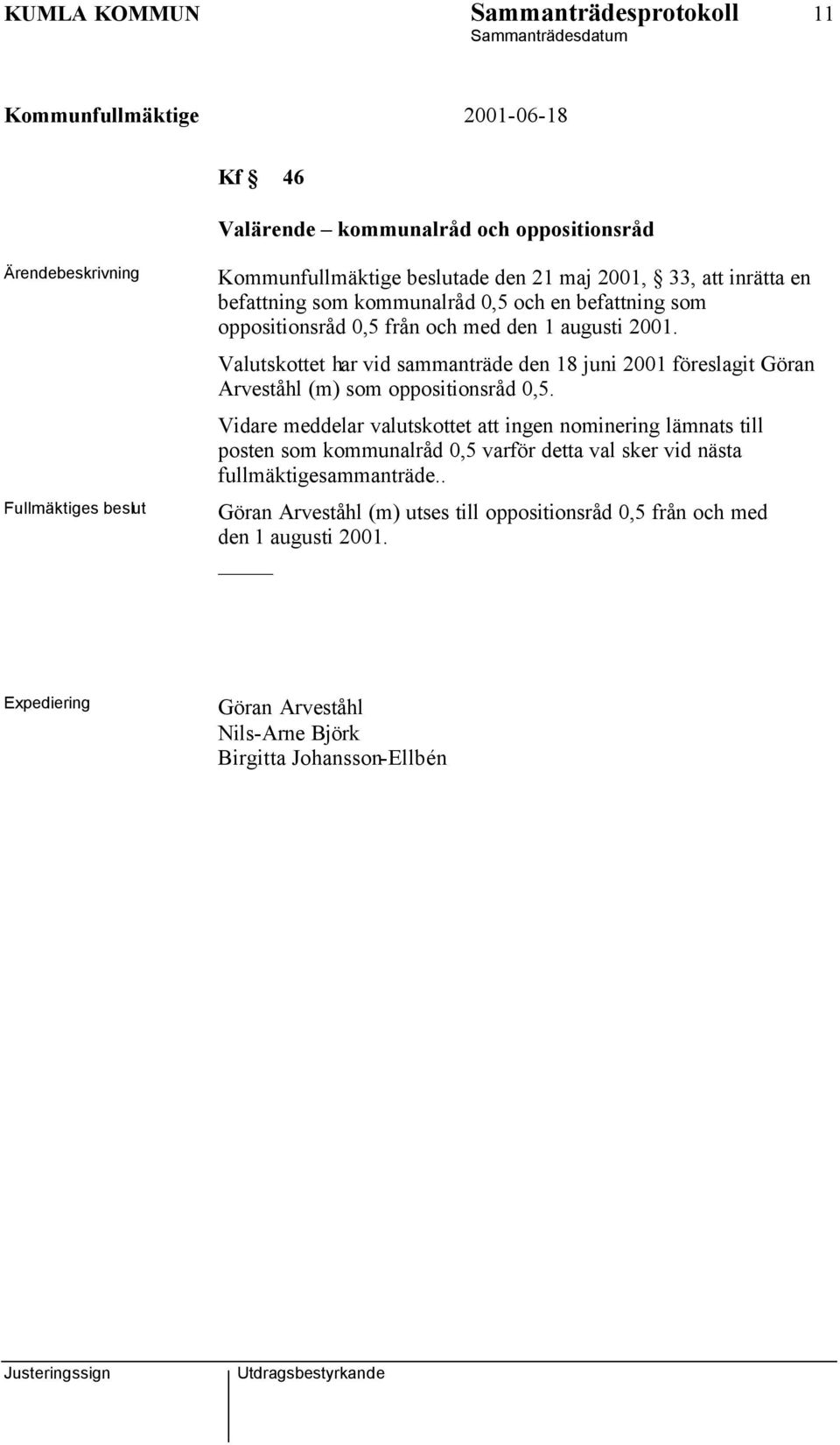 Valutskottet har vid sammanträde den 18 juni 2001 föreslagit Göran Arveståhl (m) som oppositionsråd 0,5.