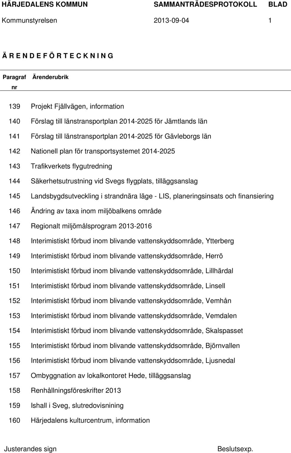 Landsbygdsutveckling i strandnära läge - LIS, planeringsinsats och finansiering 146 Ändring av taxa inom miljöbalkens område 147 Regionalt miljömålsprogram 2013-2016 148 Interimistiskt förbud inom