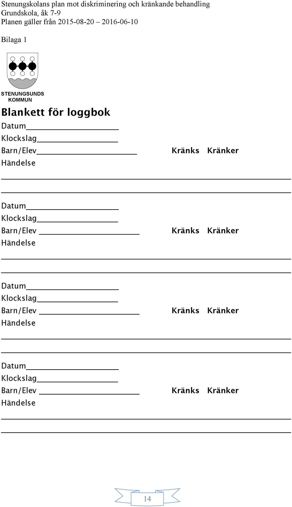 Barn/Elev Händelse Kränks Kränker Datum  Barn/Elev Händelse