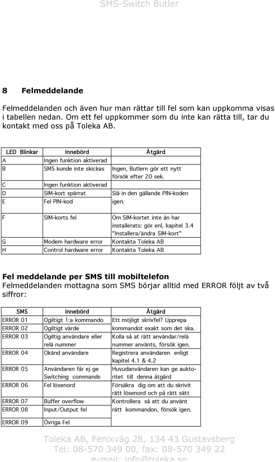 C Ingen funktion aktiverad D SIM-kort spärrat Slå in den gällande PIN-koden E Fel PIN-kod igen. F SIM-korts fel Om SIM-kortet inte än har installerats: gör enl, kapitel 3.