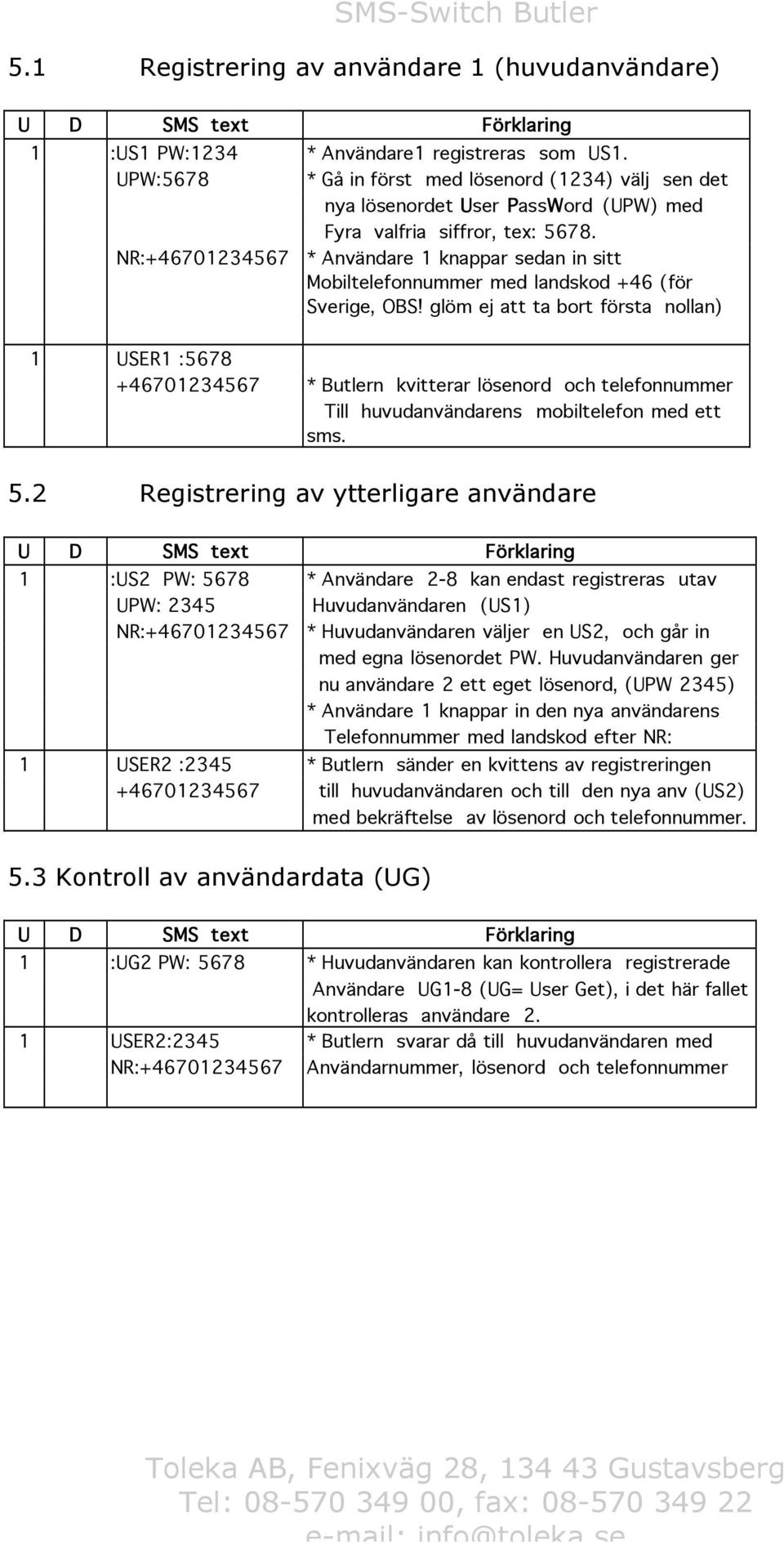 * Användare 1 knappar sedan in sitt Mobiltelefonnummer med landskod +46 (för Sverige, OBS!