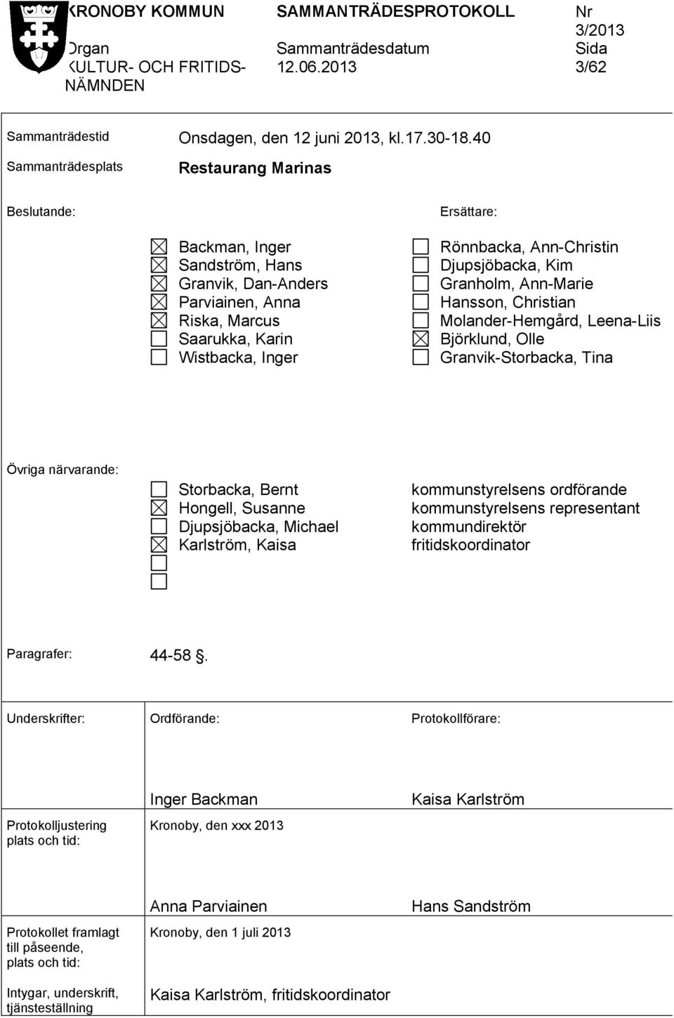 Kim Granholm, Ann-Marie Hansson, Christian Molander-Hemgård, Leena-Liis Björklund, Olle Granvik-Storbacka, Tina Övriga närvarande: Storbacka, Bernt Hongell, Susanne Djupsjöbacka, Michael Karlström,