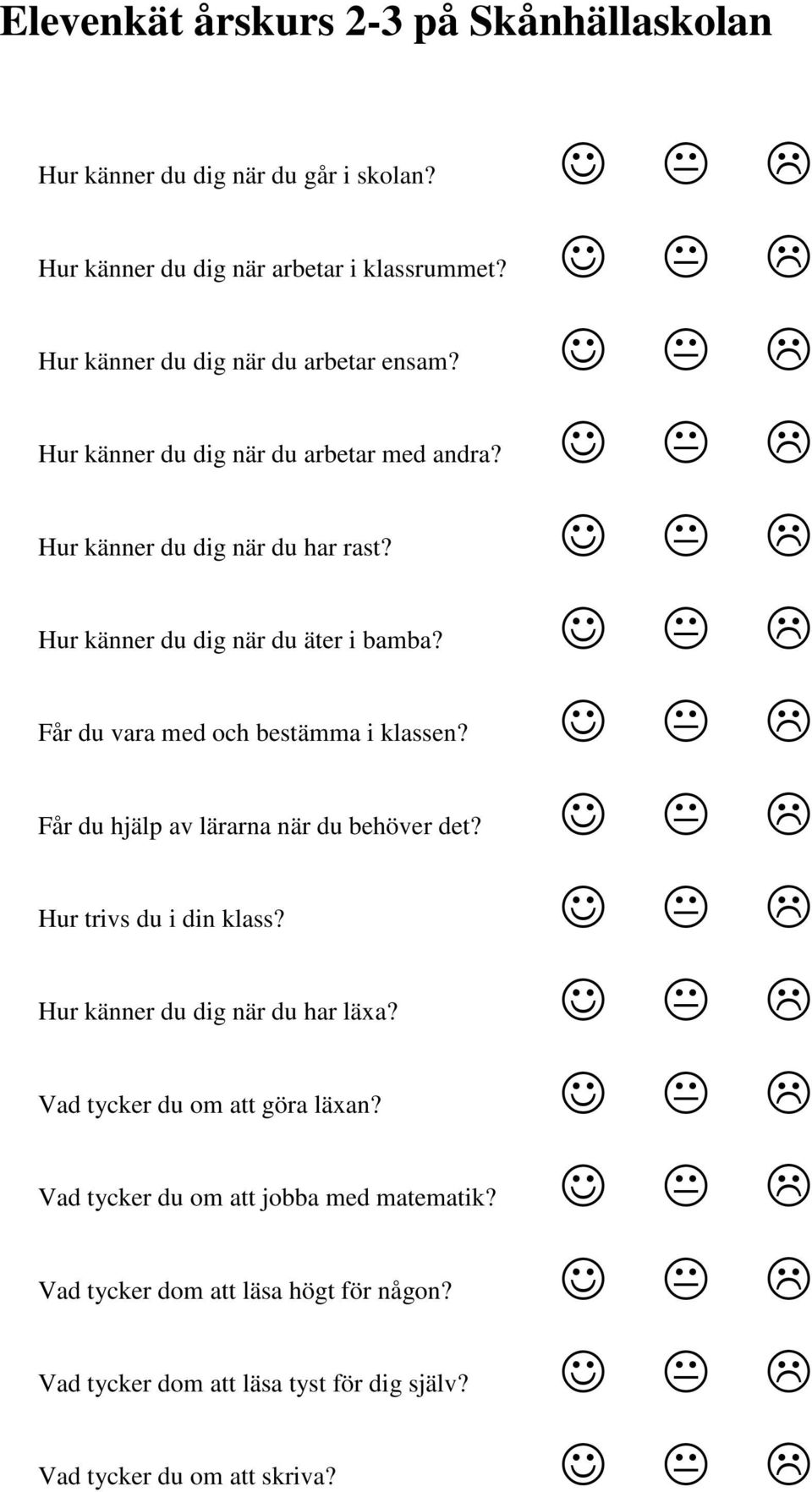 Hur känner du dig när du äter i bamba? Får du vara med och bestämma i klassen? Får du hjälp av lärarna när du behöver det? Hur trivs du i din klass?