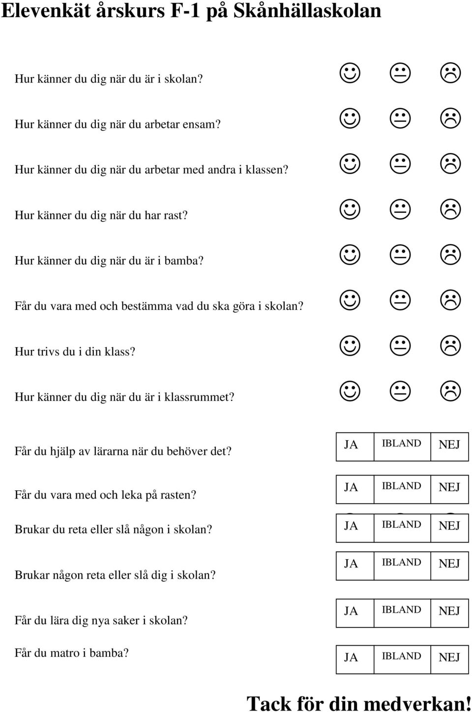 Får du vara med och bestämma vad du ska göra i skolan? Hur trivs du i din klass? Hur känner du dig när du är i klassrummet?