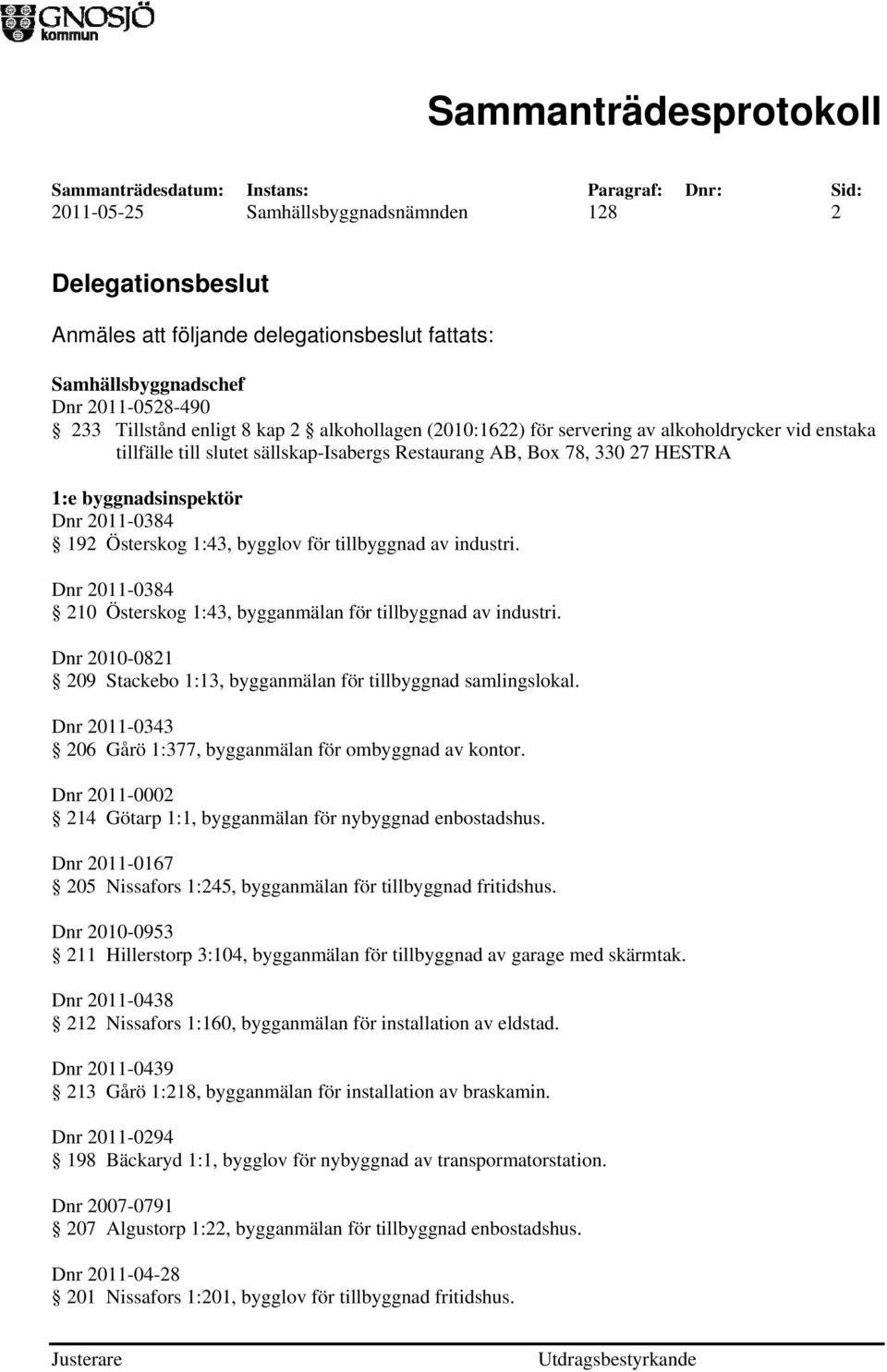 tillbyggnad av industri. Dnr 2011-0384 210 Österskog 1:43, bygganmälan för tillbyggnad av industri. Dnr 2010-0821 209 Stackebo 1:13, bygganmälan för tillbyggnad samlingslokal.