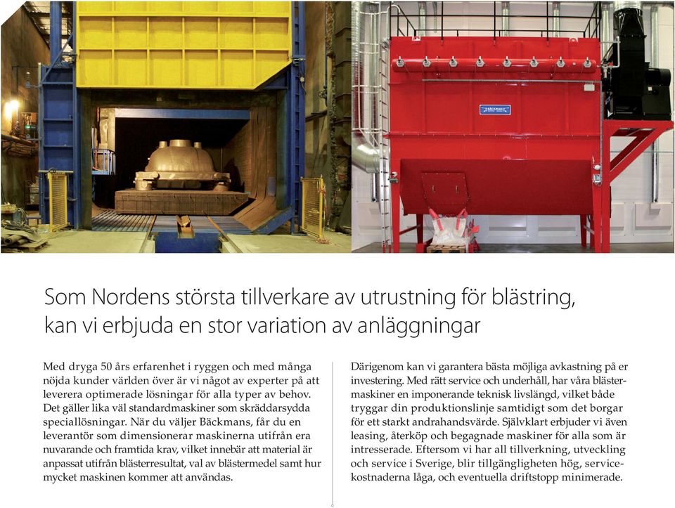 När du väljer Bäckmans, får du en leverantör som dimensionerar maskinerna utifrån era nuvarande och framtida krav, vilket innebär att material är anpassat utifrån blästerresultat, val av blästermedel