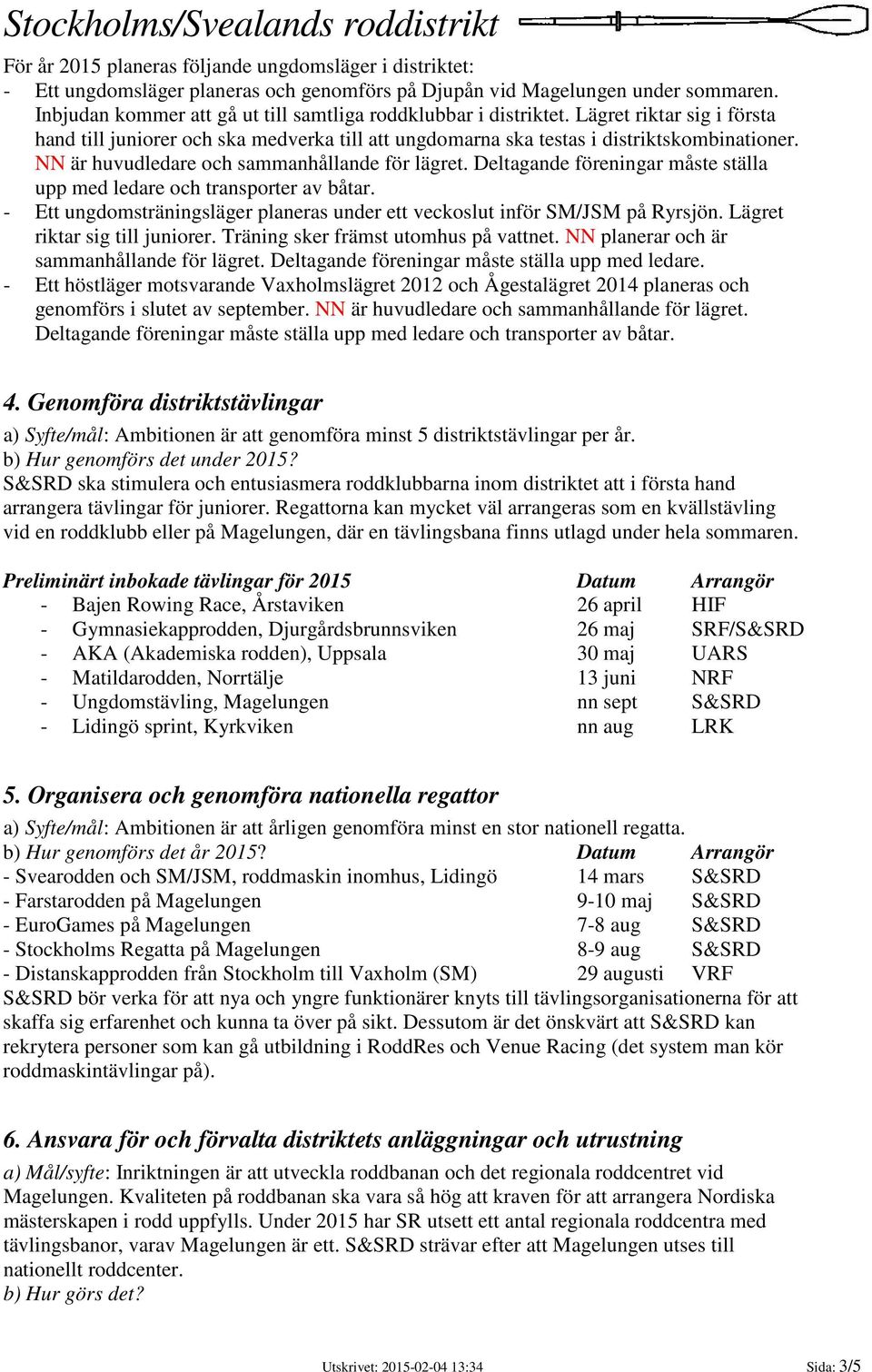 NN är huvudledare och sammanhållande för lägret. Deltagande föreningar måste ställa upp med ledare och transporter av båtar.