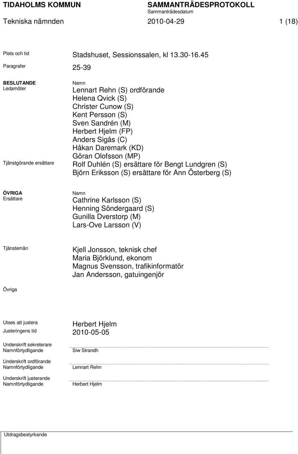 (C) Håkan Daremark (KD) Göran Olofsson (MP) Rolf Duhlén (S) ersättare för Bengt Lundgren (S) Björn Eriksson (S) ersättare för Ann Österberg (S) ÖVRIGA Ersättare Namn Cathrine Karlsson (S) Henning
