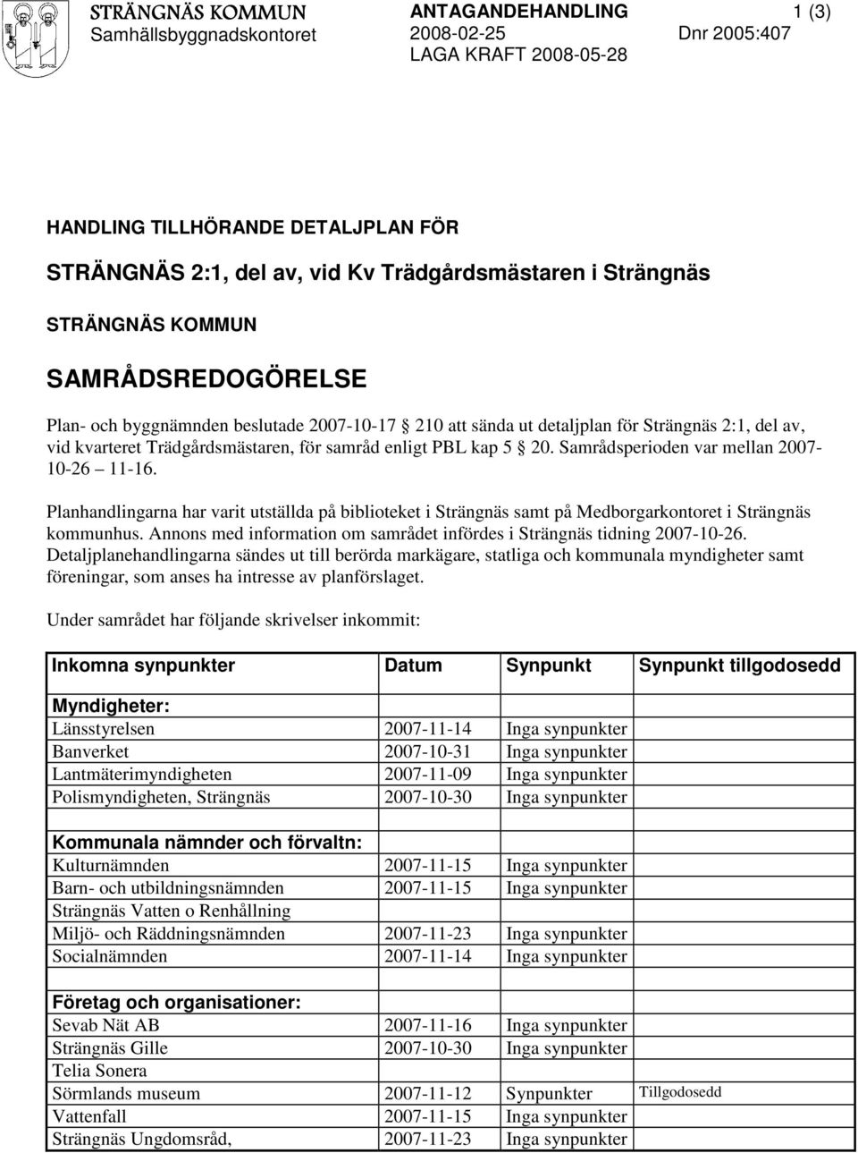Planhandlingarna har varit utställda på biblioteket i Strängnäs samt på Medborgarkontoret i Strängnäs kommunhus. Annons med information om samrådet infördes i Strängnäs tidning 2007-0-26.