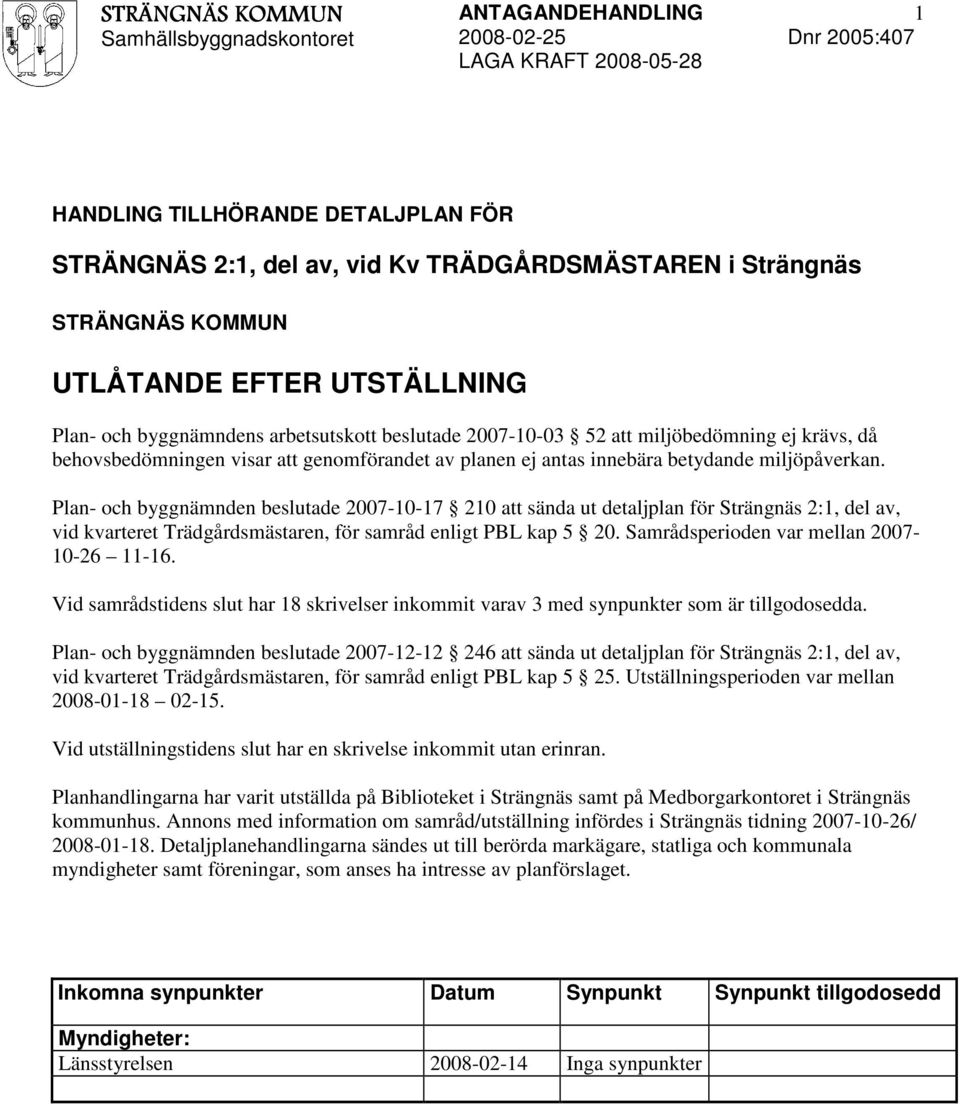 Plan- och byggnämnden beslutade 2007-0-7 20 att sända ut detaljplan för Strängnäs 2:, del av, vid kvarteret Trädgårdsmästaren, för samråd enligt PBL kap 5 20. Samrådsperioden var mellan 2007-0-26-6.