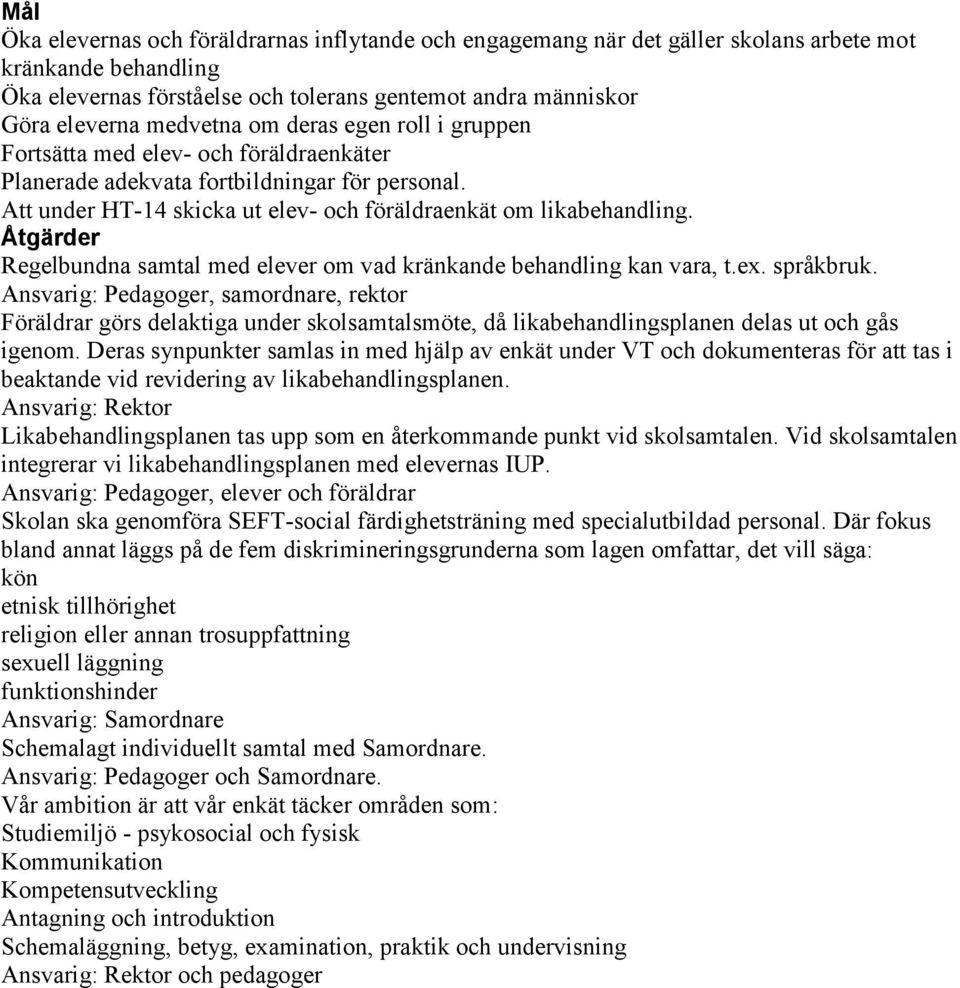 Åtgärder Regelbundna samtal med elever om vad kränkande behandling kan vara, t.ex. språkbruk.