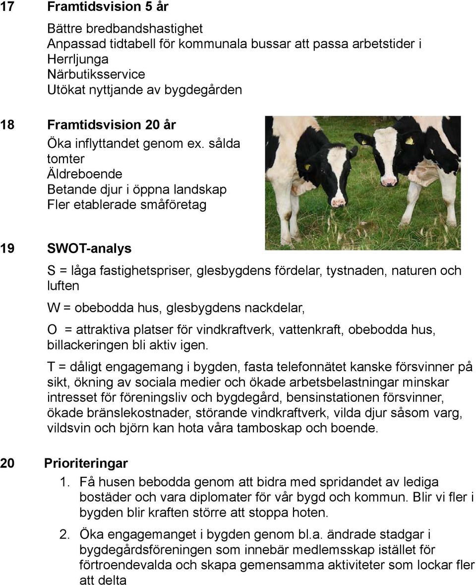 sålda tomter Äldreboende Betande djur i öppna landskap Fler etablerade småföretag 19 SWOT-analys S = låga fastighetspriser, glesbygdens fördelar, tystnaden, naturen och luften W = obebodda hus,