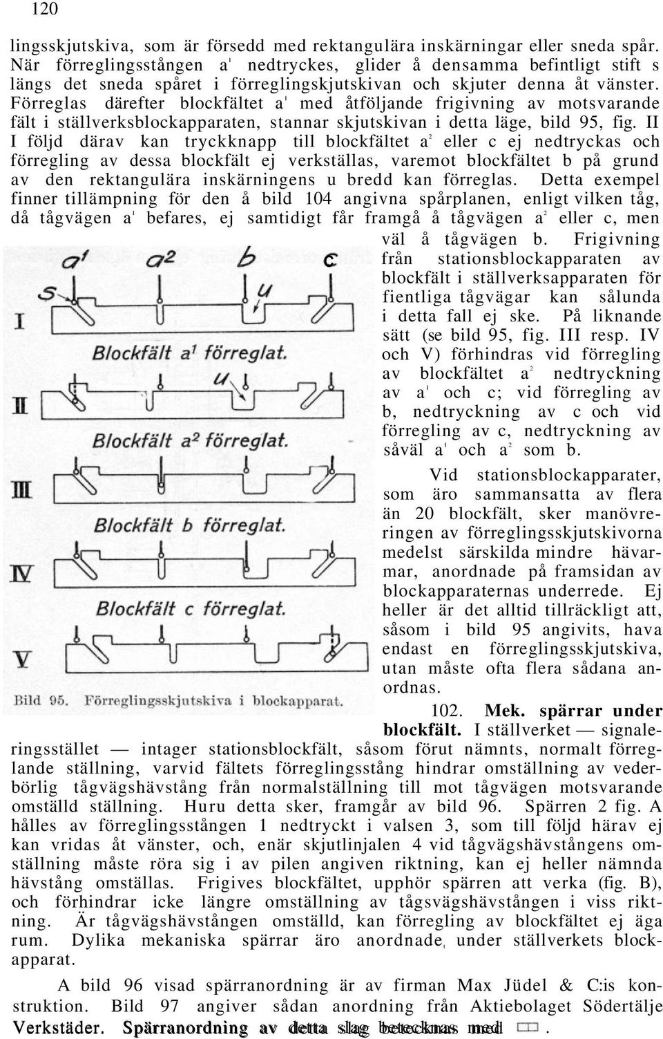 Förreglas därefter blockfältet a 1 med åtföljande frigivning av motsvarande fält i ställverksblockapparaten, stannar skjutskivan i detta läge, bild 95, fig.