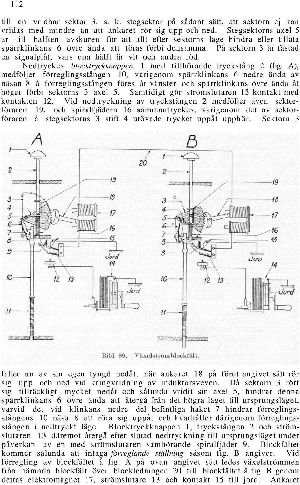 På sektorn 3 är fästad en signalplåt, vars ena hälft är vit och andra röd. Nedtryckes blocktryckknappen 1 med tillhörande tryckstång 2 (fig.
