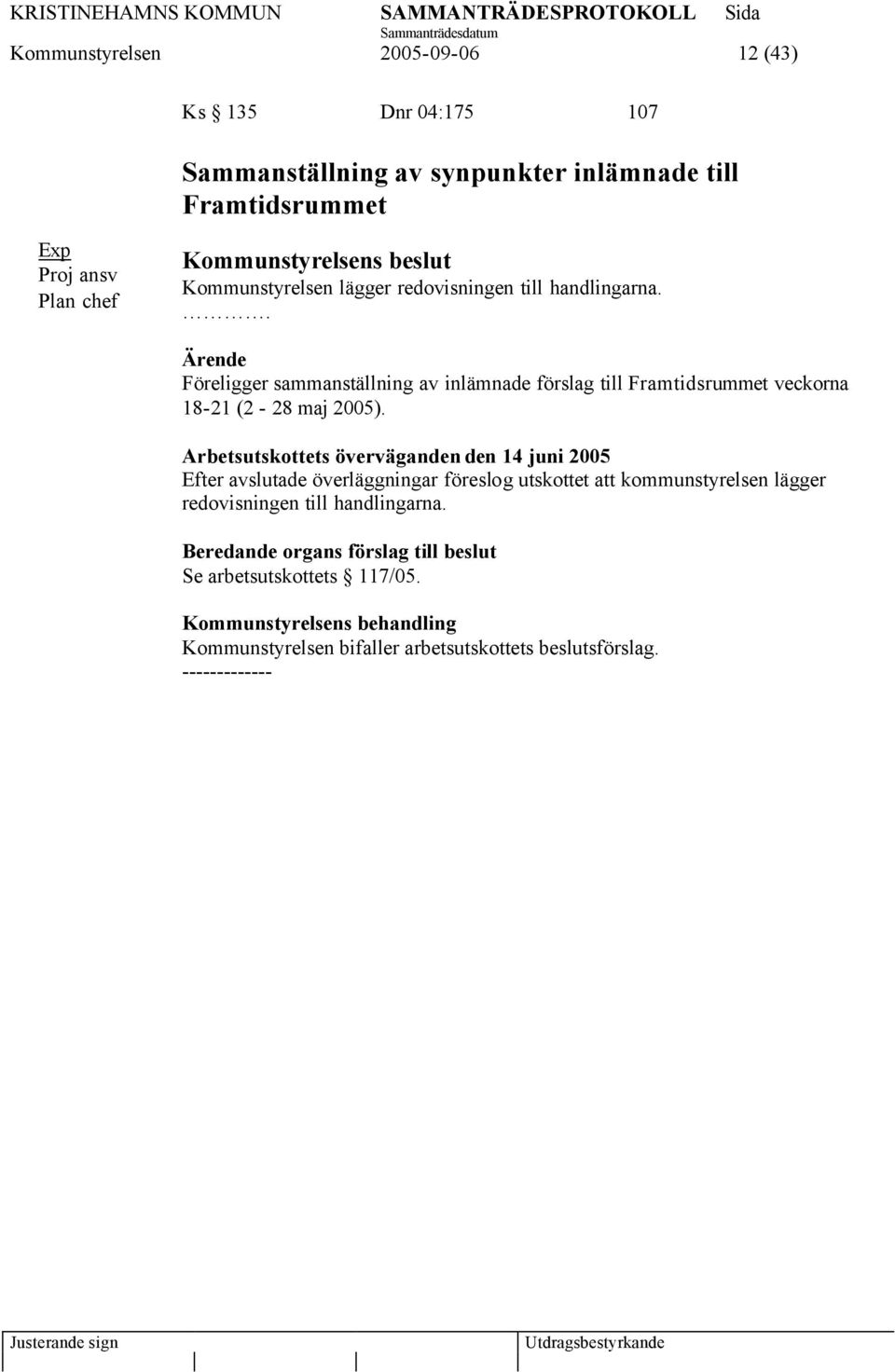 . Föreligger sammanställning av inlämnade förslag till Framtidsrummet veckorna 18-21 (2-28 maj 2005).
