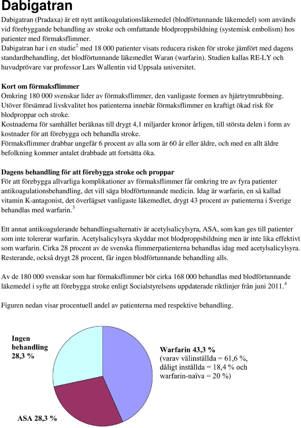 Dabigatran har i en studie 2 med 18 000 patienter visats reducera risken för stroke jämfört med dagens standardbehandling, det blodförtunnande läkemedlet Waran (warfarin).