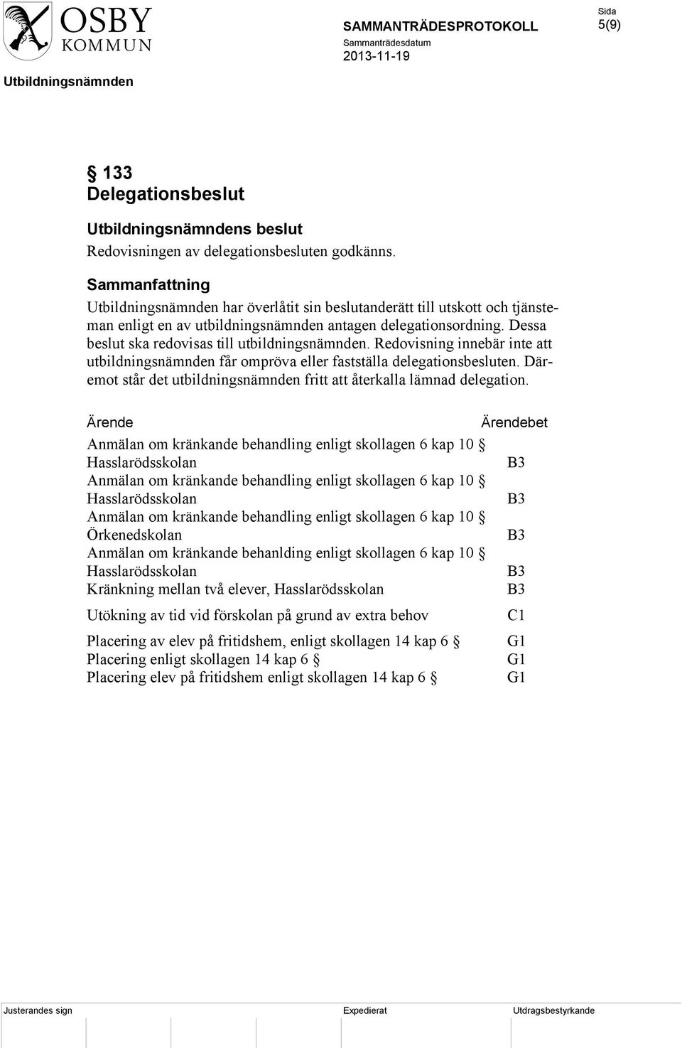 Redovisning innebär inte att utbildningsnämnden får ompröva eller fastställa delegationsbesluten. Däremot står det utbildningsnämnden fritt att återkalla lämnad delegation.