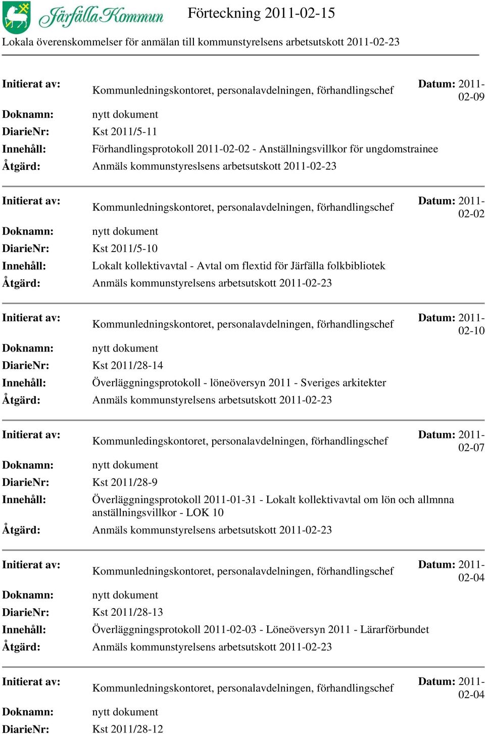 02-02 DiarieNr: Kst 2011/28-14 Innehåll: Överläggningsprotokoll - löneöversyn 2011 - Sveriges arkitekter 02-10 Kommunledingskontoret, personalavdelningen, förhandlingschef 02-07 DiarieNr: Kst