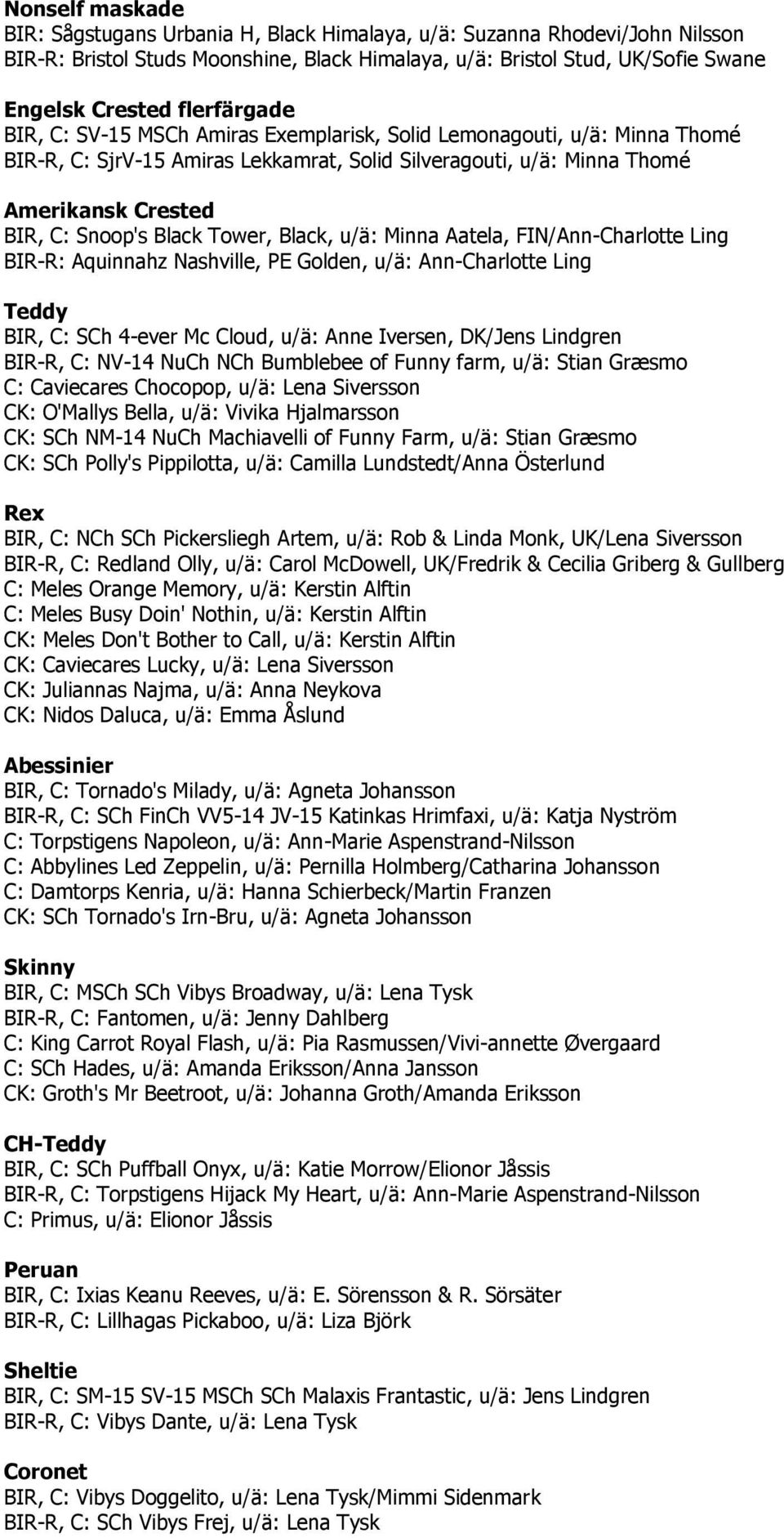 Black Tower, Black, u/ä: Minna Aatela, FIN/Ann-Charlotte Ling BIR-R: Aquinnahz Nashville, PE Golden, u/ä: Ann-Charlotte Ling Teddy BIR, C: SCh 4-ever Mc Cloud, u/ä: Anne Iversen, DK/Jens Lindgren