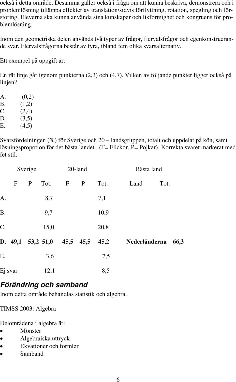 Flervalsfrågorna består av fyra, ibland fem olika svarsalternativ. Ett exempel på uppgift är: En rät linje går igenom punkterna (2,3) och (4,7). Vilken av följande punkter ligger också på linjen? A.