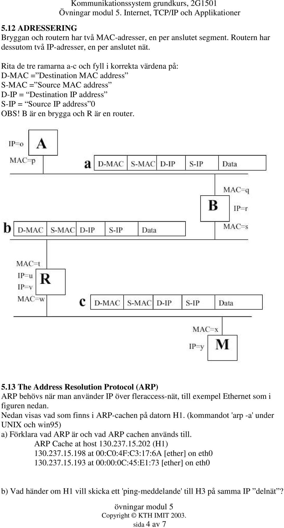 B är en brygga och R är en router. 5.13 The Address Resolution Protocol (ARP) ARP behövs när man använder IP över fleraccess-nät, till exempel Ethernet som i figuren nedan.