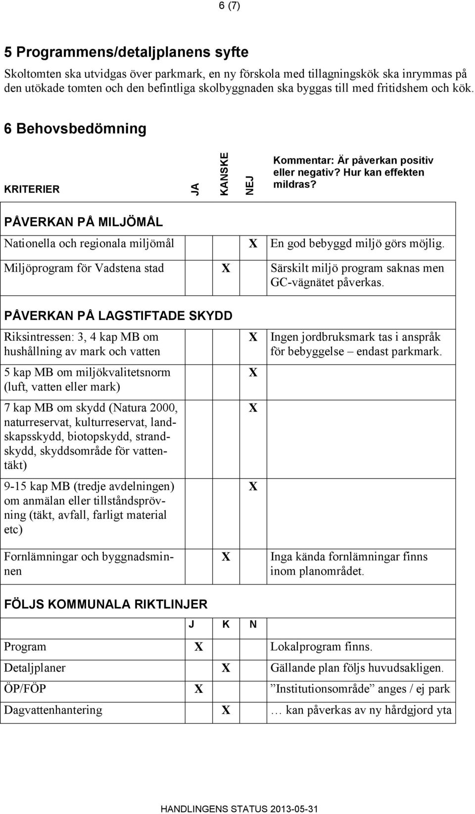 PÅVERKAN PÅ MILJÖMÅL Nationella och regionala miljömål En god bebyggd miljö görs möjlig. Miljöprogram för Vadstena stad Särskilt miljö program saknas men GC-vägnätet påverkas.