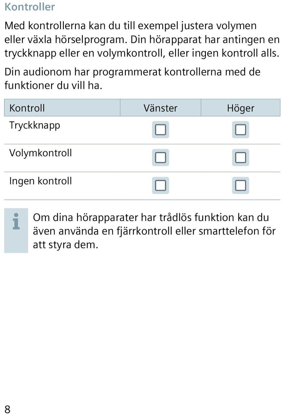 Din audionom har programmerat kontrollerna med de funktioner du vill ha.