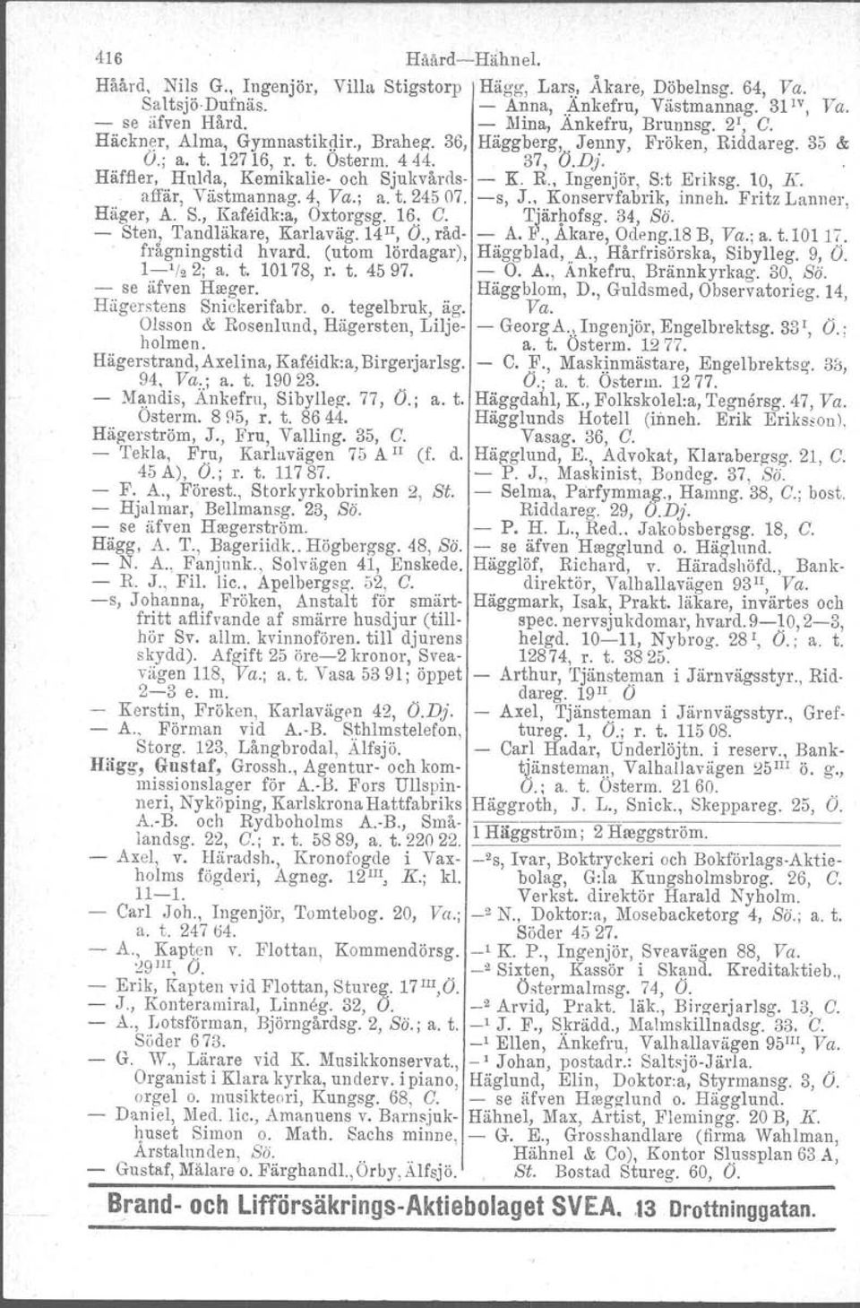 Hägerstens Snickerifabr. o. tegelbruk, äg. Olsson & Rosenlnnd, Hägersten, Liljeholmen. Hägerstrand, Axelina, Kaföidk.a, Birgerjar lsg. 94, Va.; a. t. 19023. Mandis, Änkefru, Sibyllag. 77, O.; a. t, Osterm.