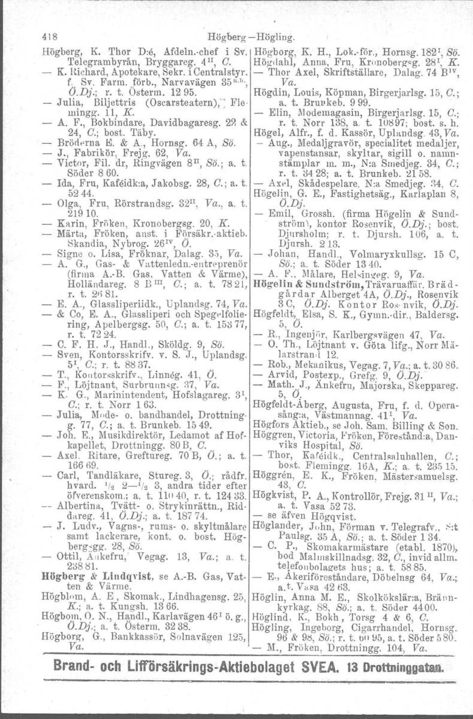 Victor, Fil. dr, Ringvägen 8 II, Bö.; a. t Söder 860. Ida, Fru, Kafeidk.a, J akobsg. 28, C.; a. t. 5244. Olga, Fru, Rörstrandsg. 32 II, Va., a. t. 21910. Karin, Fröken, Kronobergsg. 20, K.