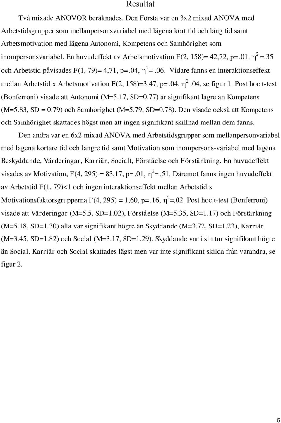 inompersonsvariabel. En huvudeffekt av Arbetsmotivation F(2, 158)= 42,72, p=.01,.35 och Arbetstid påvisades F(1, 79)= 4,71, p=.04,.06.