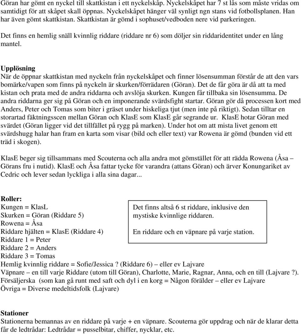 Det finns en hemlig snäll kvinnlig riddare (riddare nr 6) som döljer sin riddaridentitet under en lång mantel.