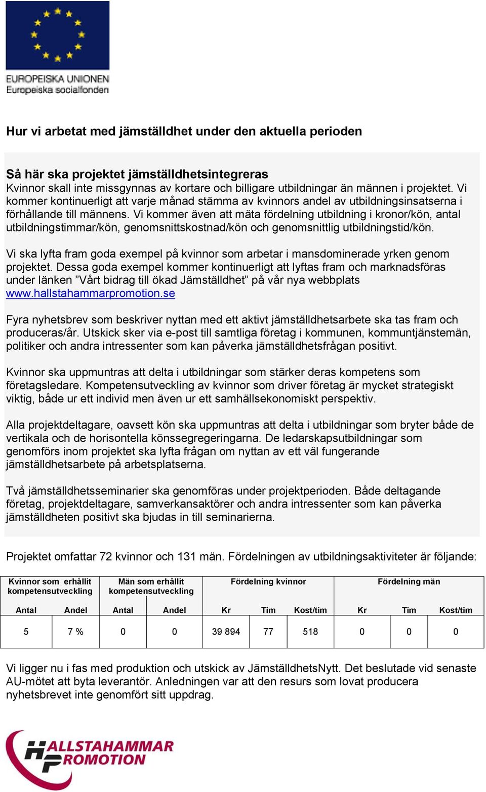 Vi kommer även att mäta fördelning utbildning i kronor/kön, antal utbildningstimmar/kön, genomsnittskostnad/kön och genomsnittlig utbildningstid/kön.