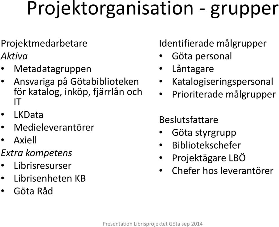 Librisenheten KB Göta Råd Identifierade målgrupper Göta personal Låntagare Katalogiseringspersonal