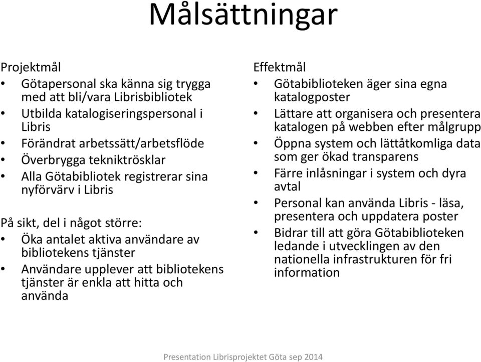 och använda Effektmål Götabiblioteken äger sina egna katalogposter Lättare att organisera och presentera katalogen på webben efter målgrupp Öppna system och lättåtkomliga data som ger ökad