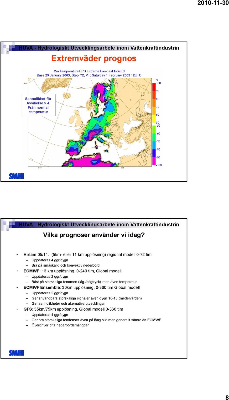 0-240 tim, Global modell Uppdateras 2 ggr/dygn Bäst på storskaliga fenomen (låg-/högtryck) men även temperatur ECMWF Ensemble: 30km upplösning, 0-360 tim Global modell Uppdateras 2