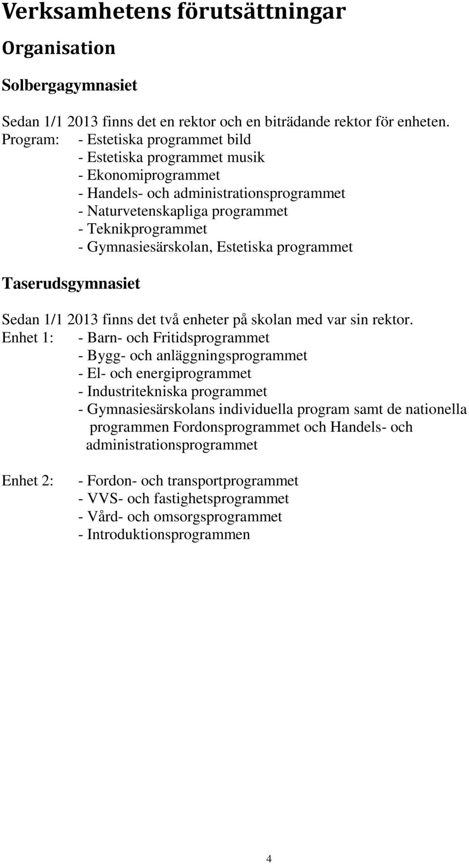 Estetiska programmet Taserudsgymnasiet Sedan 1/1 2013 finns det två enheter på skolan med var sin rektor.