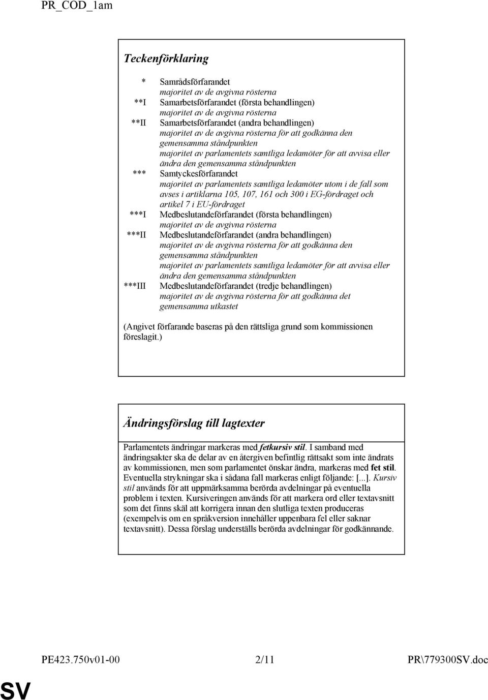 Samtyckesförfarandet majoritet av parlamentets samtliga ledamöter utom i de fall som avses i artiklarna 105, 107, 161 och 300 i EG-fördraget och artikel 7 i EU-fördraget ***I Medbeslutandeförfarandet