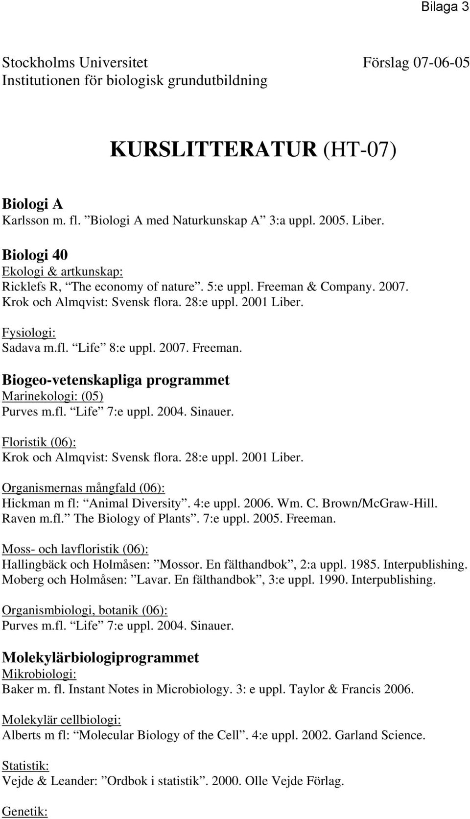 2007. Freeman. Biogeo-vetenskapliga programmet Marinekologi: (05) Purves m.fl. Life 7:e uppl. 2004. Sinauer. Floristik (06): Krok och Almqvist: Svensk flora. 28:e uppl. 2001 Liber.