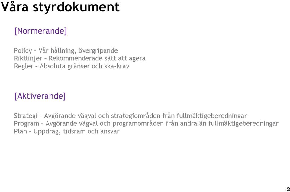 Strategi Avgörande vägval och strategiområden från fullmäktigeberedningar Program
