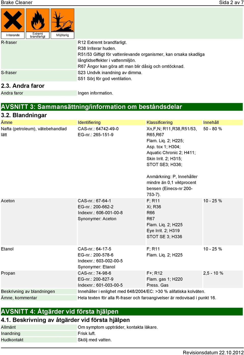 S51 Sörj för god ventilation. Ingen information. AVSNITT 3: Sammansättning/information om beståndsdelar 3.2.